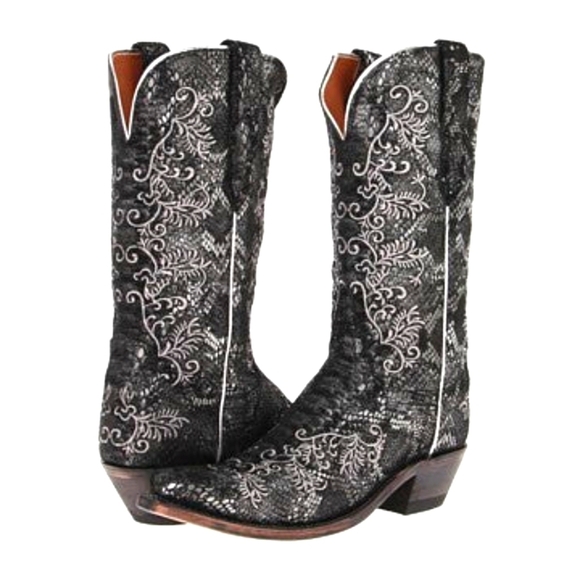 1883 Lucchese Shoes - Lucchese Women's N4717 Black Metallic Sueded Python Print Western Boot Sz 7